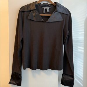 Michelle Nicole Black Long-Sleeve Top with Satin Collar